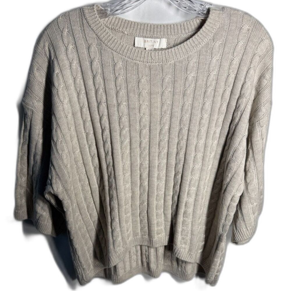 BRIT.NY Luxe Beige Cable Knit Sweater Women Dolman Wool Silk Blend